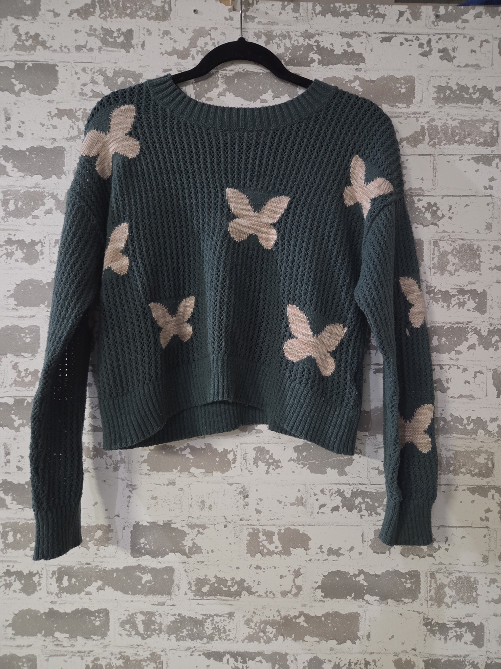 Sugar Moon Butterfly Knit Cropped Sweater - Teal/Forest Green - Size Large
